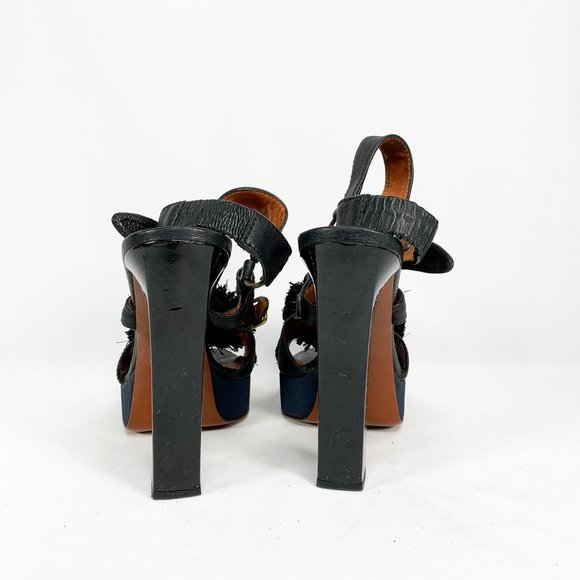 LANVIN Black Lametta Peep Toe Buckle Sandal Pumps - Picture 8 of 11